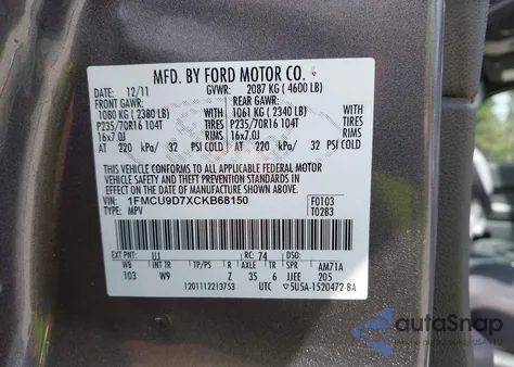 2012 Ford Escape Xlt from USA, damaged, VIN 1FMCU9D7XCKB68150